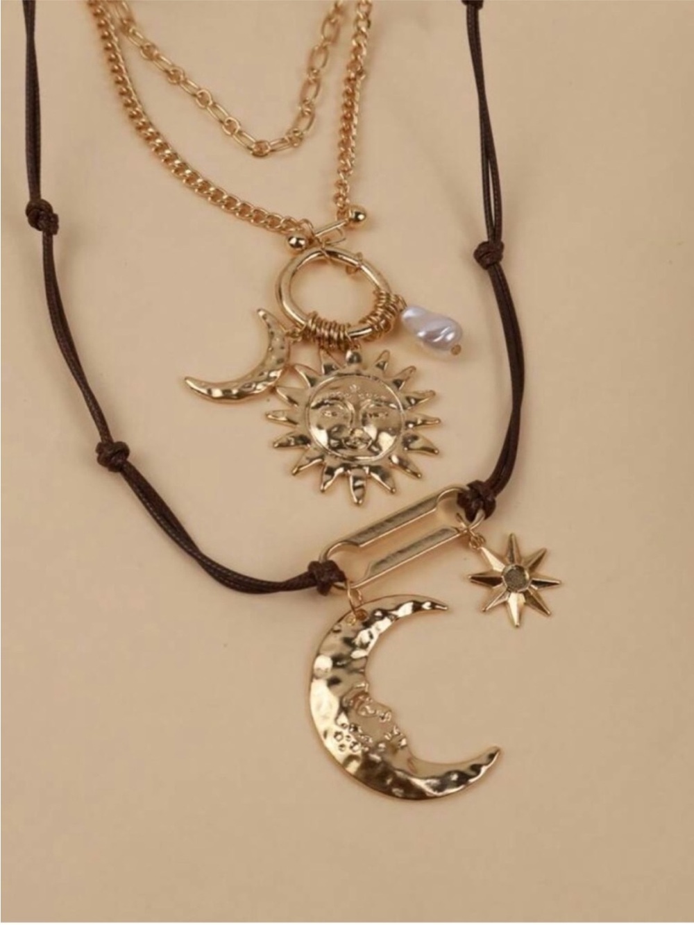 Free People Ser Layered Gold Sun & Moon Pendant Necklace with Brown Cord - Picture 2 of 6
